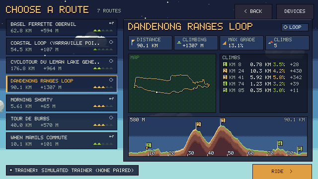 The game on a Mac: choosing a route, with its map, climbs and elevation profile.