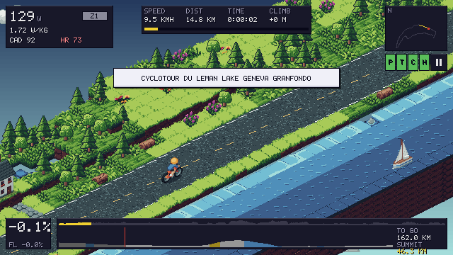 The game: a rider on the road beside Lake Geneva, with a sailboat on the water.